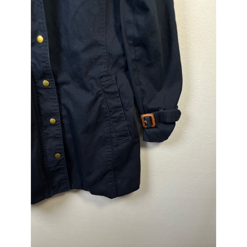 Banana Republic SMALL Navy Blue Hooded Twill Coat Zip Snap Below Knee Belt - Picture 7 of 10